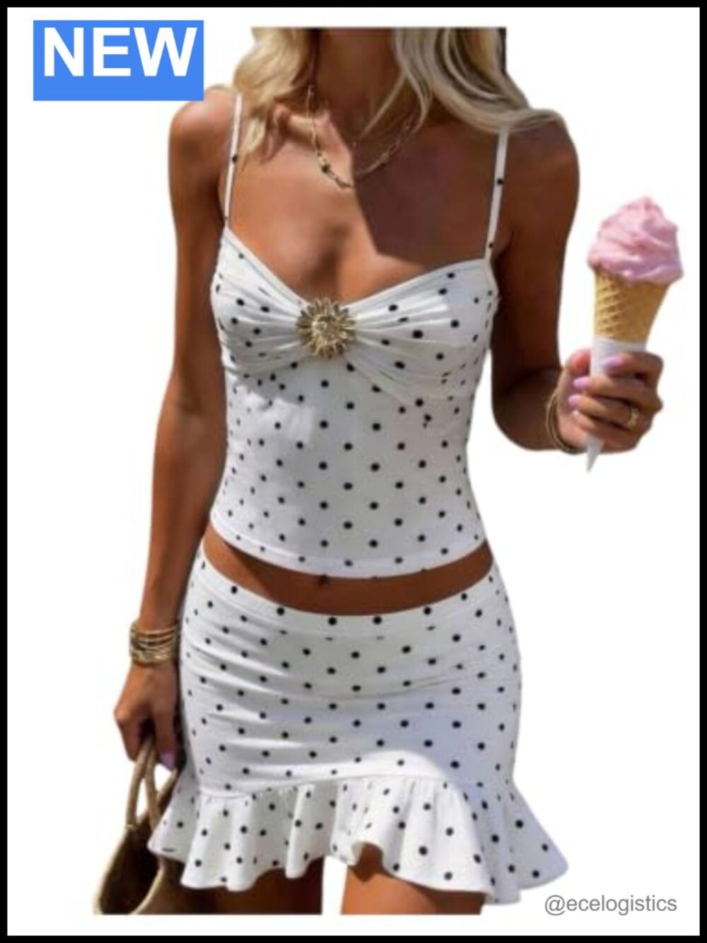 GORGLITTER Women's Polka Dots 2 Piece Skirt Set Ruched Cami Ruffle Mini